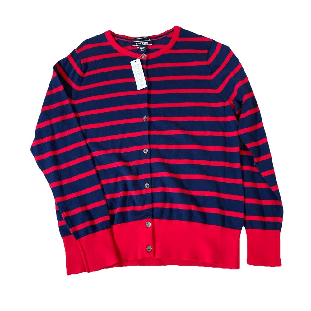 Lands End Supima Cotton Cardigan Sz MP 10 New Navy Red Nautical Striped‎ Coastal